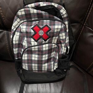 Plaid Backpack with Red Accent